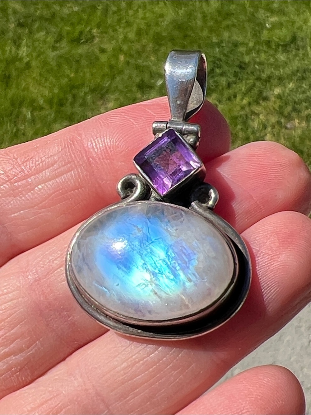Vintage Blue Flash Moonstone Amethyst Gemstone Sterling Silver Necklace Pendant